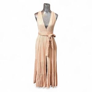 Sequin Metallic Plunge V Neck Tiered Maxi Dress Champagne Gold Sleeveless XS/S